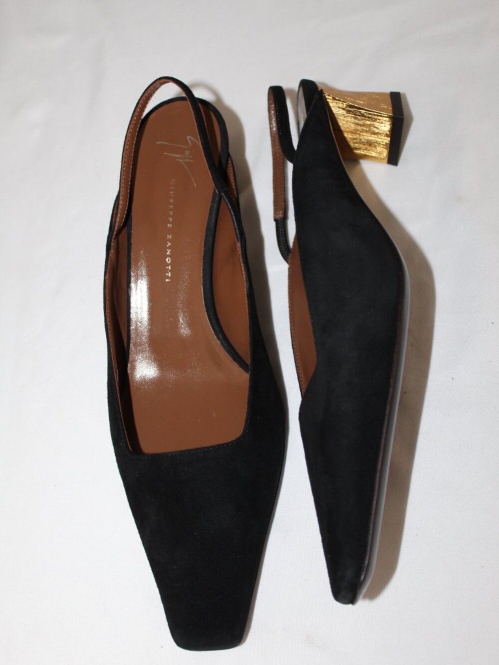 NWB Giuseppe Zanotti Kanda Slingback Black Suede Kitten Gold Heel Pumps 40